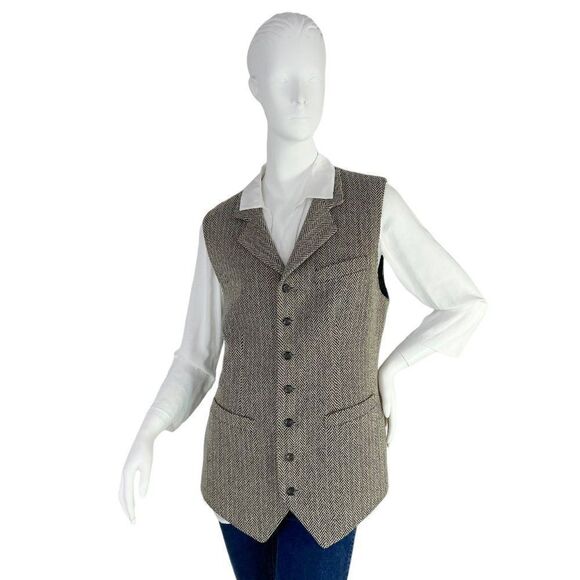 Vtg Ralph Lauren Gray Wool Tweed Herringbone Western Women's Waistcoat Vest Sz 8